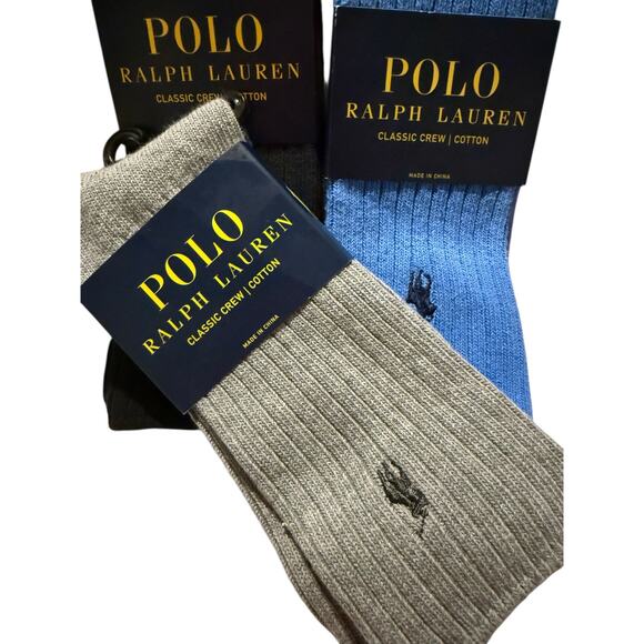 Polo Ralph Lauren Men’s Classic Crew Cotton Socks Bundle 3 Pack Black Blue Gray - Picture 2 of 8